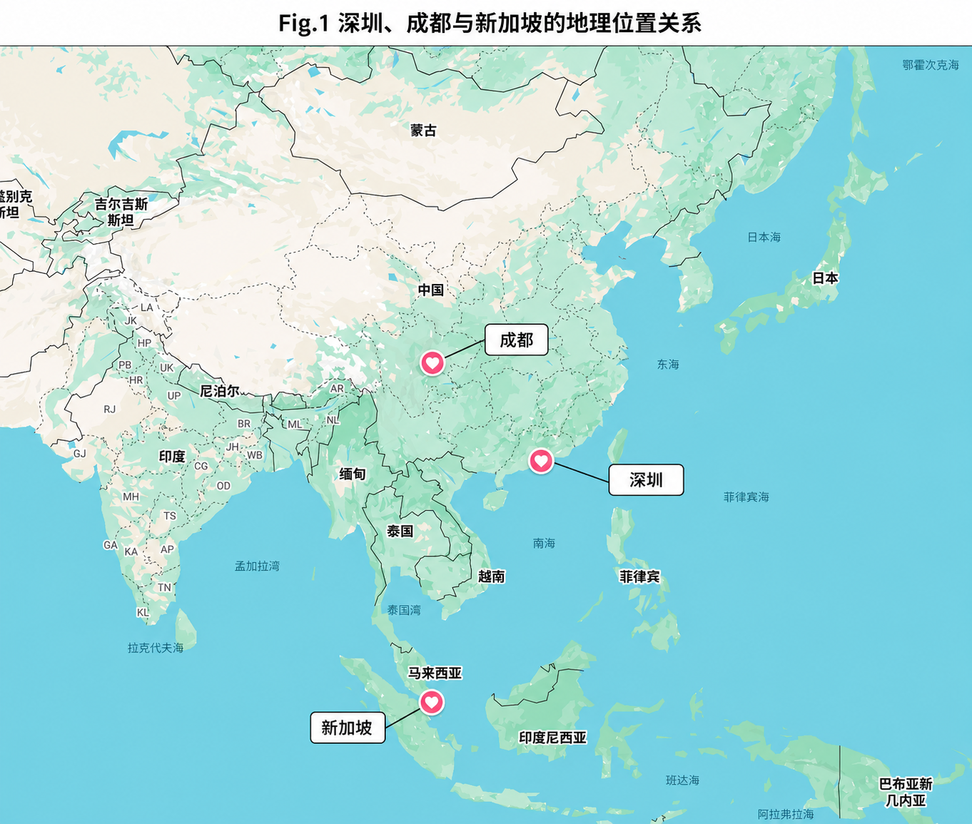 图1 深圳、成都、新加坡的地理位置对比图